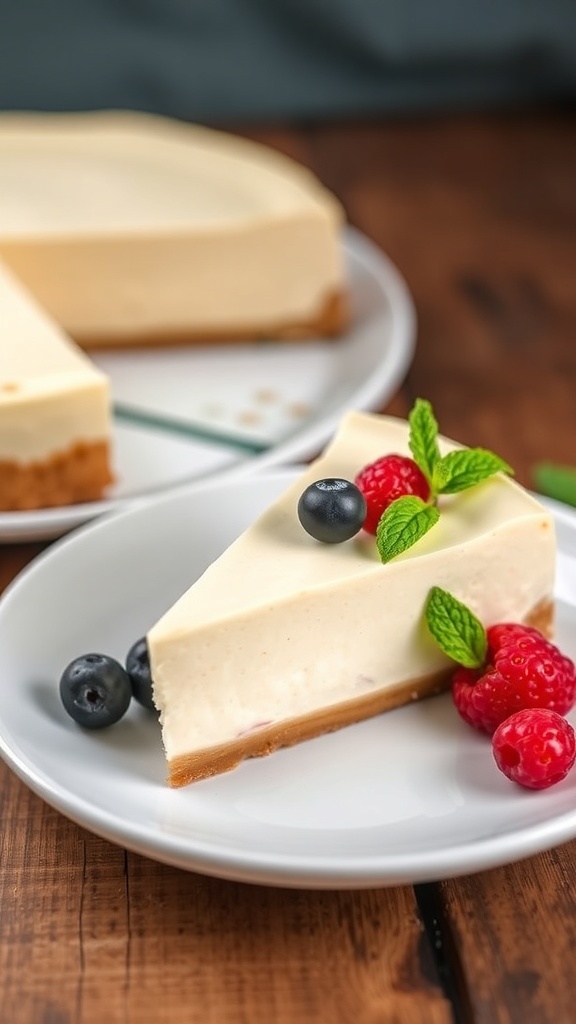 Simple Low Carb 4-Ingredient Cheesecake A slice of low carb cheesecake topped with berries and mint on a plate.